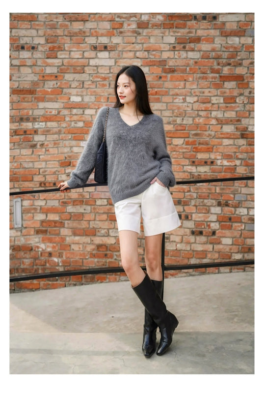 Damen-Strickpullover aus Wollmischung mit V-Ausschnitt