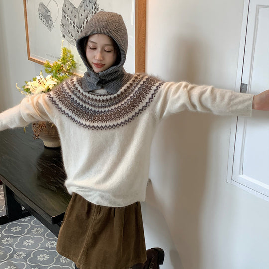 Damen-Wollpullover mit Reißverschluss und Jacquard-Muster