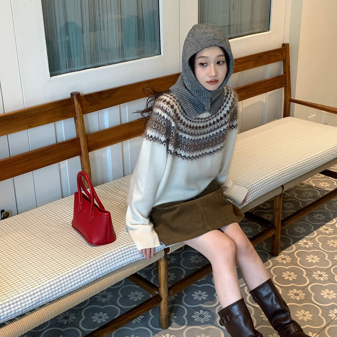 Damen-Wollpullover mit Reißverschluss und Jacquard-Muster