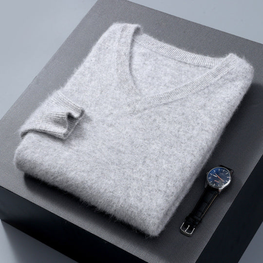 Herren-Wollpullover, V-Ausschnitt, locker, unifarben