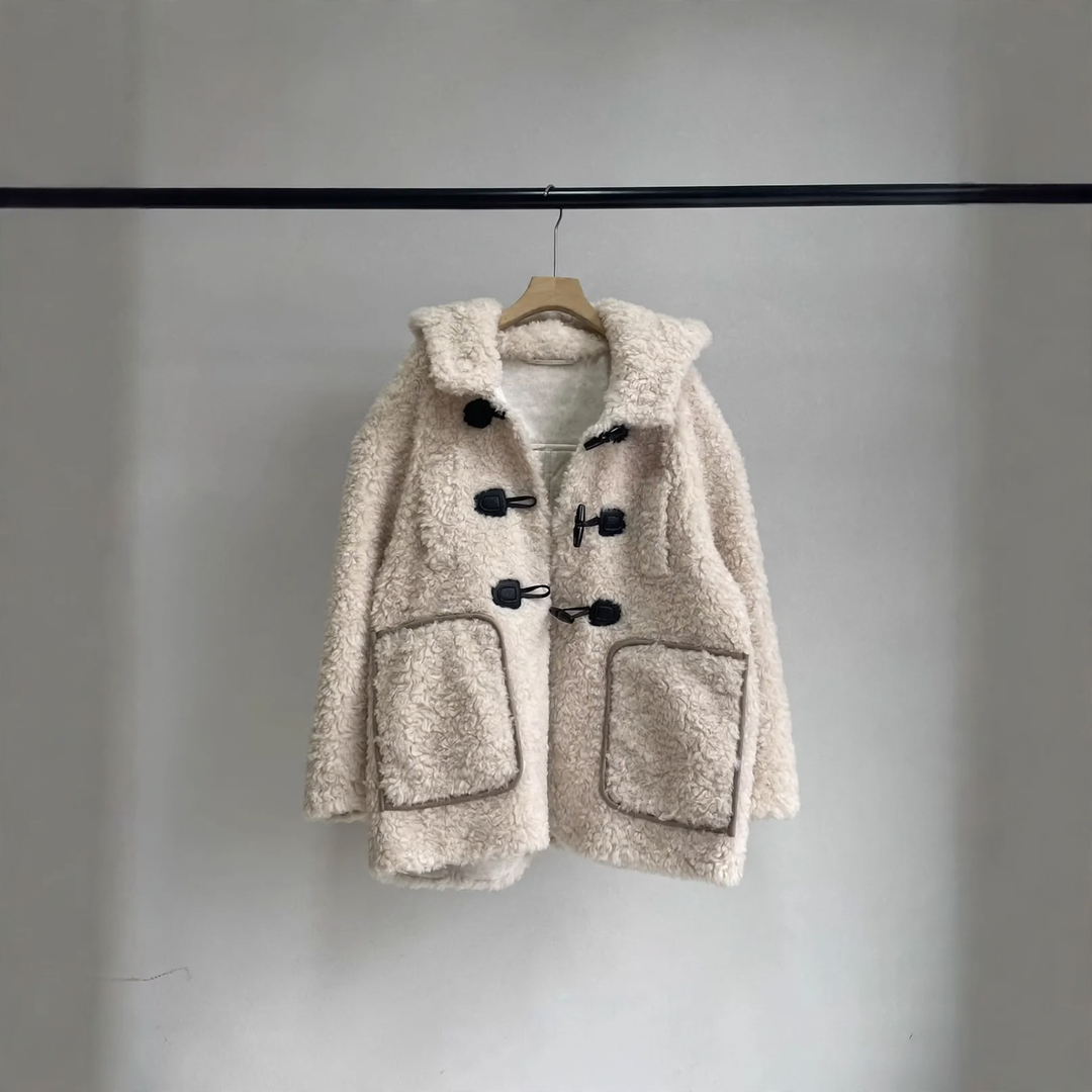 Damen-Teddy-Fleecejacke mit Kapuze und Knebelknöpfen