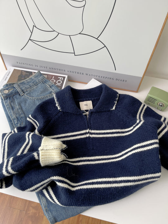 Damen-Strickpullover mit Streifen und Reißverschluss