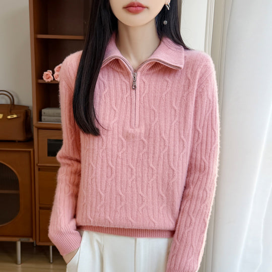 Damen-Wollpullover mit Reißverschluss und Zopfmuster
