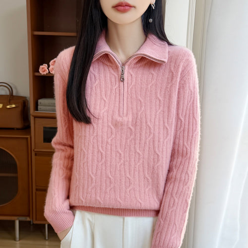 Damen-Wollpullover mit Reißverschluss und Zopfmuster