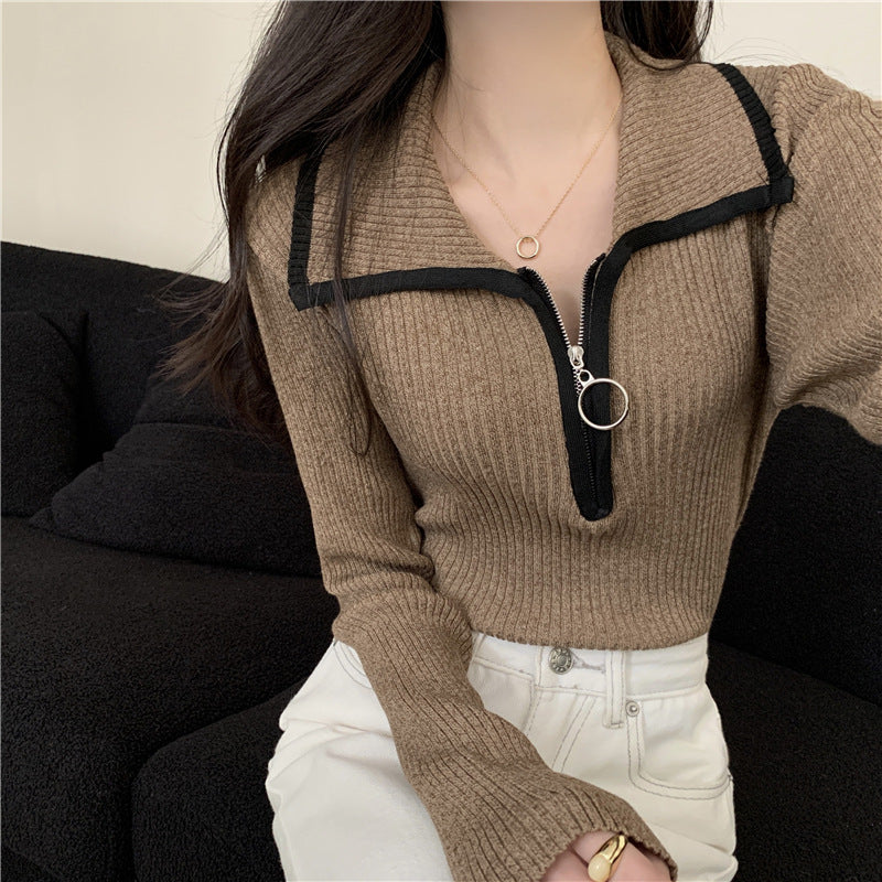 Damen-Strickpullover mit Reißverschluss und Kragen