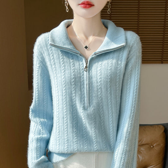 Damen-Wollpullover mit Zopfmuster und halbem Reißverschluss