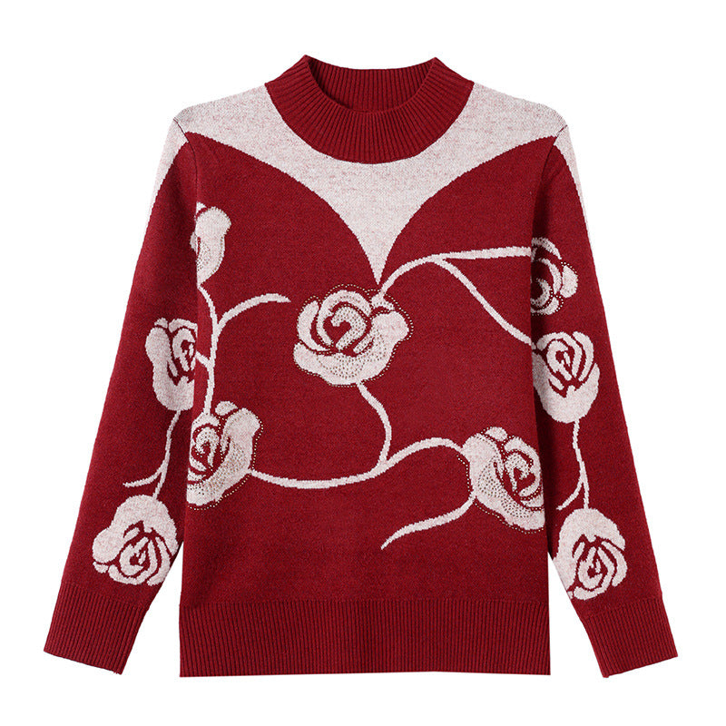 Damen-Strickpullover mit Stehkragen und Blumenmuster