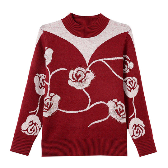 Damen-Strickpullover mit Stehkragen und Blumenmuster