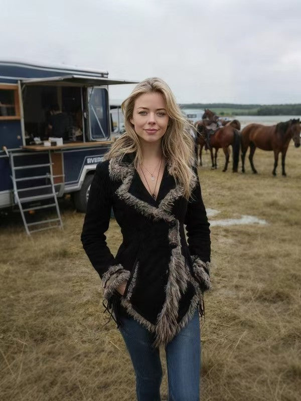 Damen-Wildlederimitat-Jacke mit Fellkragen und Revers