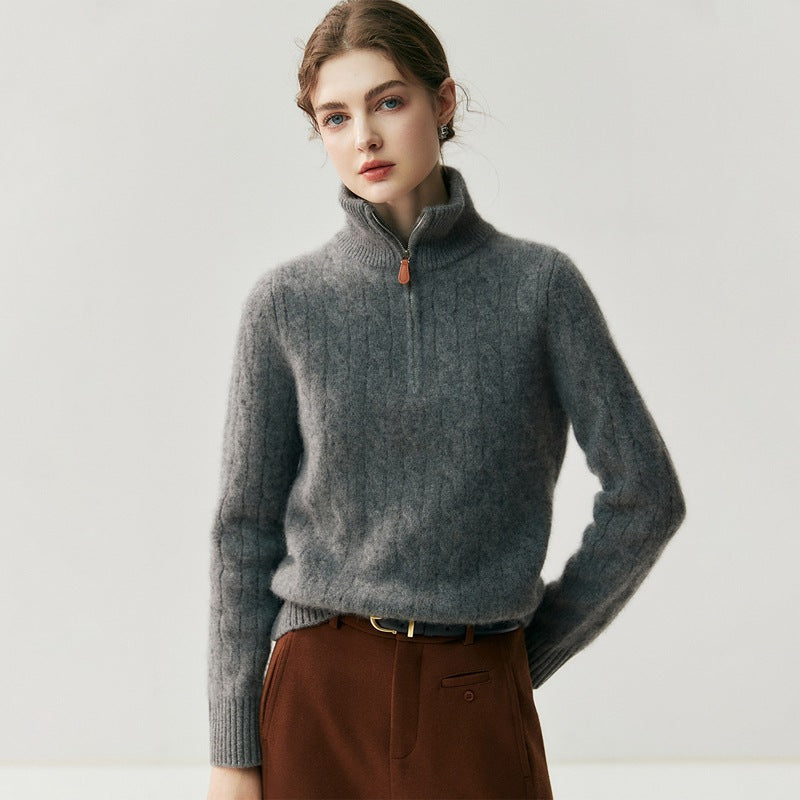 Damen-Strickpullover mit Reißverschluss und Zopfmuster