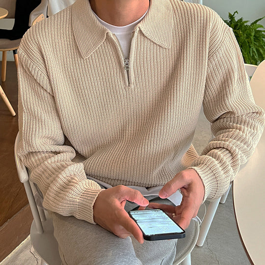 Herren-Strickpullover mit halbem Reißverschluss und Polokragen