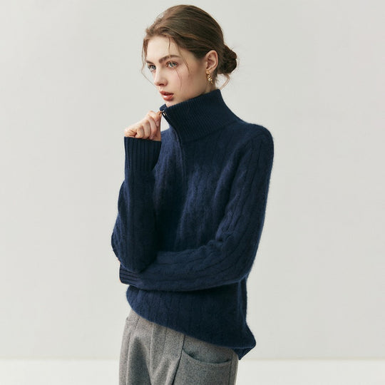 Damen-Strickpullover mit Reißverschluss und Zopfmuster