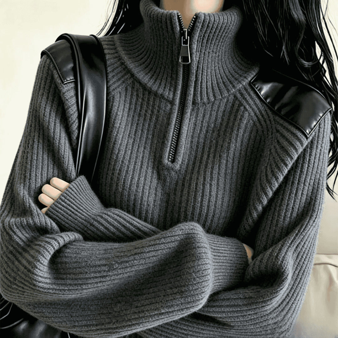 Damen-Strickpullover mit Reißverschluss und Stehkragen