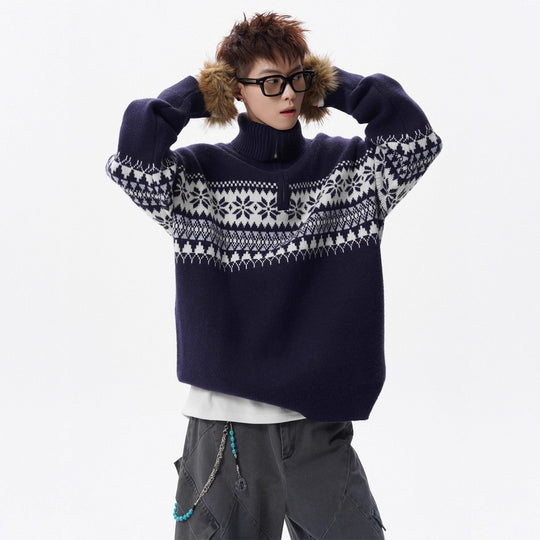 Unisex Strickpullover mit Stehkragen und Reißverschluss