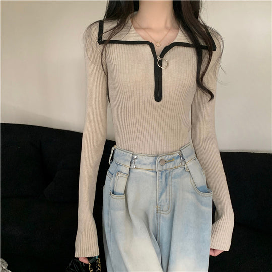 Damen-Strickpullover mit Reißverschluss und Kragen