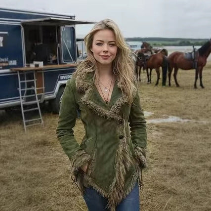 Damen-Wildlederimitat-Jacke mit Fellkragen und Revers