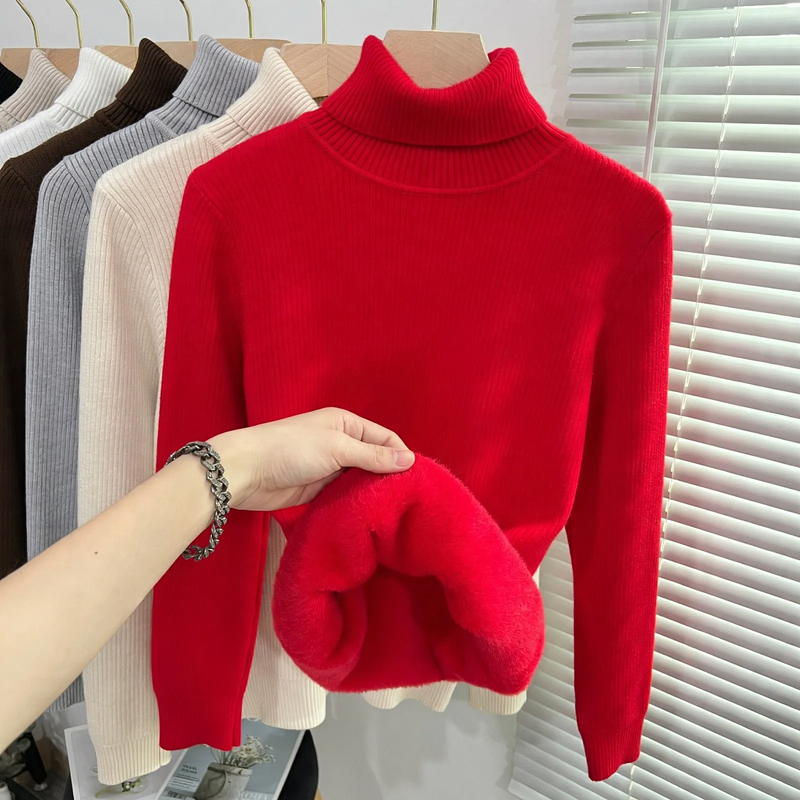 Gerippter Damen-Rollkragenpullover, gefüttert