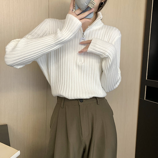 Damen-Strickpullover mit Reißverschluss und Rippenstruktur
