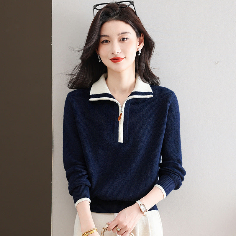 Damen-Strickpullover mit Reißverschluss und Kontrastfarben