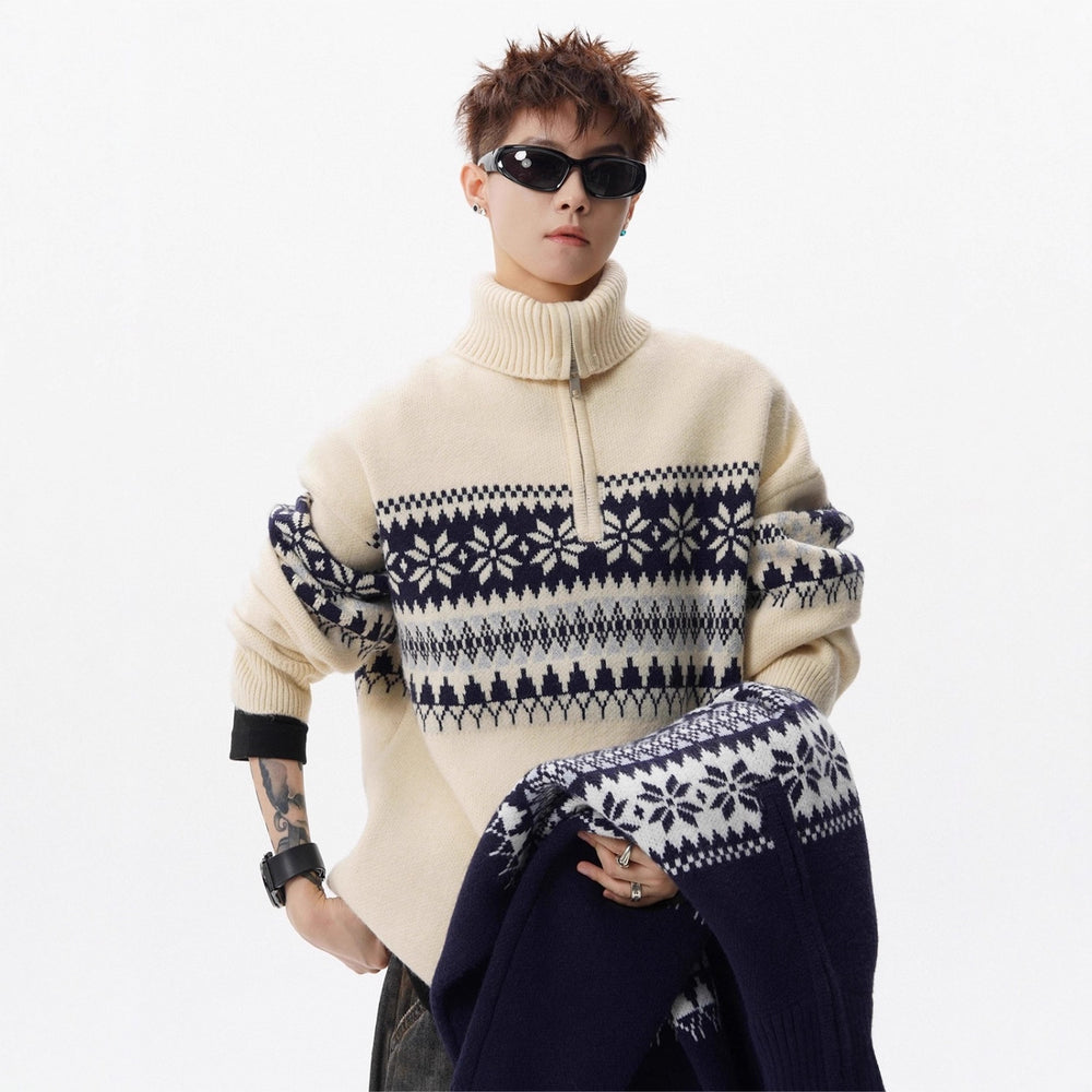 Unisex Strickpullover mit Stehkragen und Reißverschluss