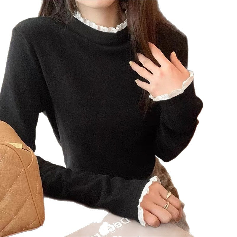 Damen-Unterziehshirt mit Spitzenbesatz und Stehkragen