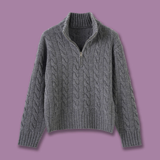 Zopfmuster-Strickpullover mit Reißverschluss und Stickerei