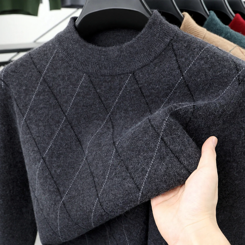 Herren-Wollpullover, kariert, Stehkragen, extra warm