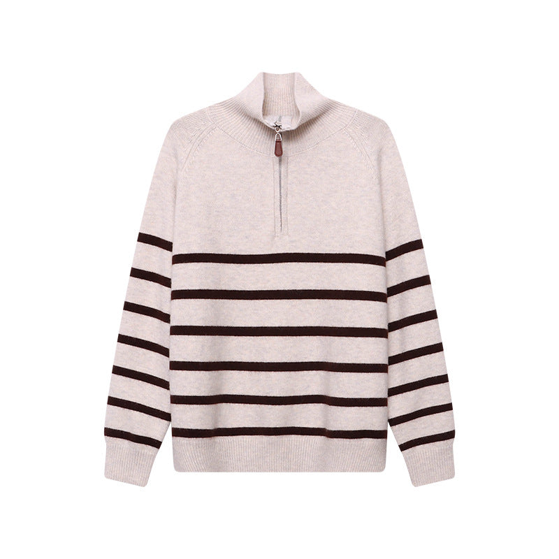 Damen-Strickpullover mit Reißverschluss und Streifenmuster