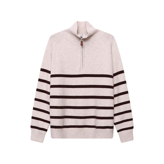 Damen-Strickpullover mit Reißverschluss und Streifenmuster