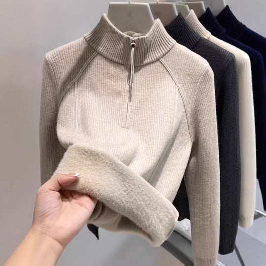 Damen-Strickpullover mit Reißverschluss und Innenfutter