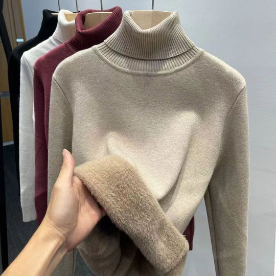 Gefütterter Damen-Strickpullover mit hohem Kragen