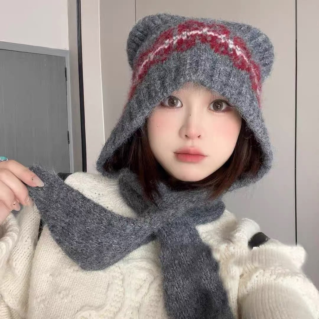Strickmütze mit Schal, Bären-Design, Damen, Winter