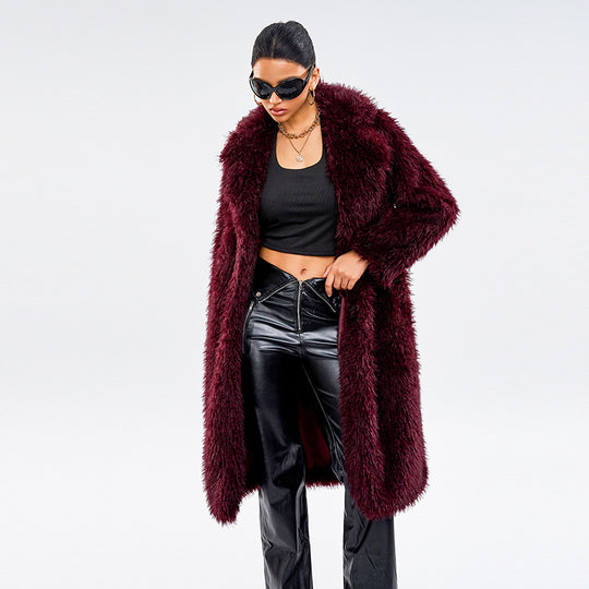 Langer Damen-Kunstpelzmantel im Schneefuchs-Look