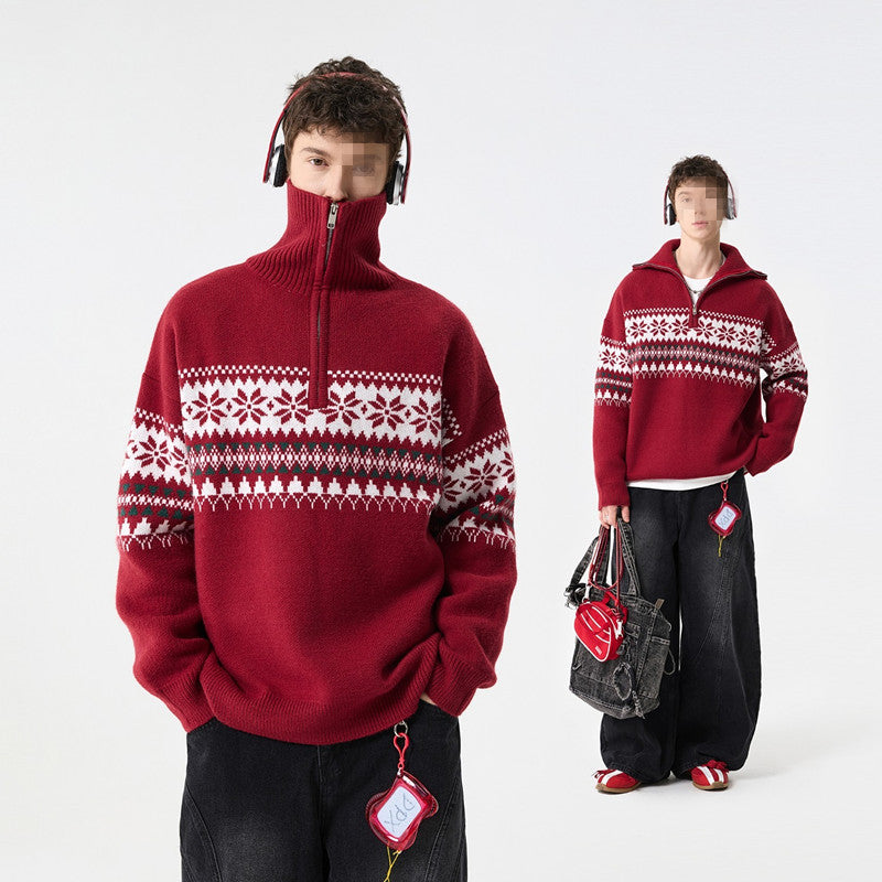 Unisex Strickpullover mit Stehkragen und Reißverschluss