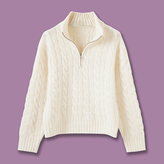 Zopfmuster-Strickpullover mit Reißverschluss und Stickerei