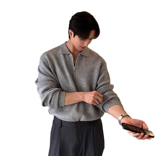 Herren-Strickpullover mit halbem Reißverschluss und Polokragen