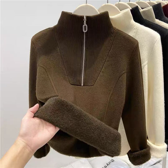 Damen-Strickpullover mit Stehkragen und Fleecefutter