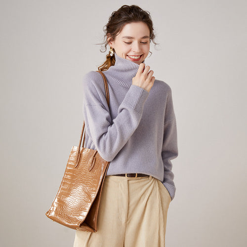 Damen-Kaschmirpullover, hoher Kragen, lockere Passform