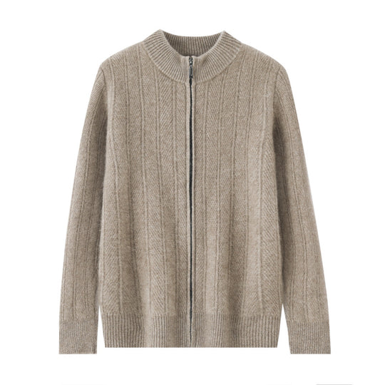 Herren-Wollstrickjacke, Stehkragen, Reißverschluss, Jacquard-Muster