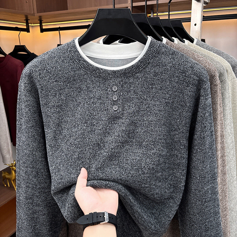 Herren-Strickpullover, Rundhalsausschnitt, Langarm, Fake-Layer-Optik