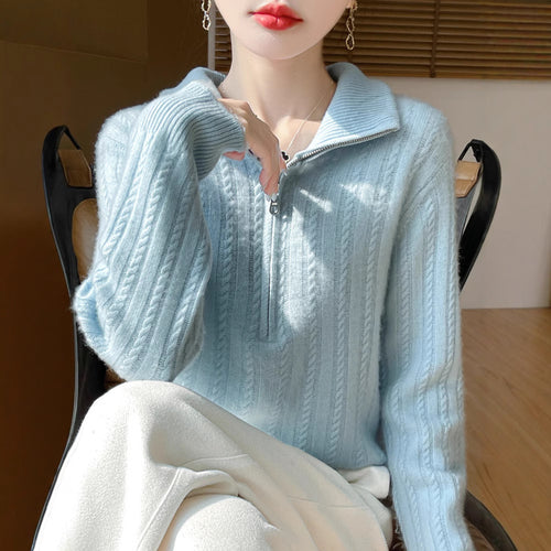 Damen-Wollpullover mit Zopfmuster und halbem Reißverschluss