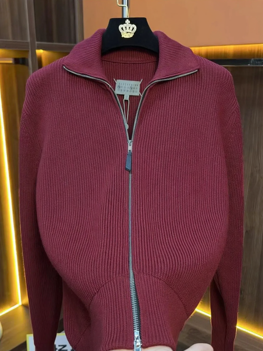 Herren-Strickjacke mit Stehkragen und Doppelreißverschluss