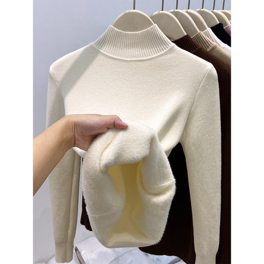 Gefütterter Damen-Strickpullover mit hohem Kragen
