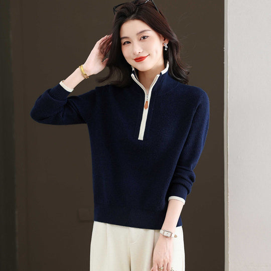 Damen-Strickpullover mit Reißverschluss und Kontrastfarben
