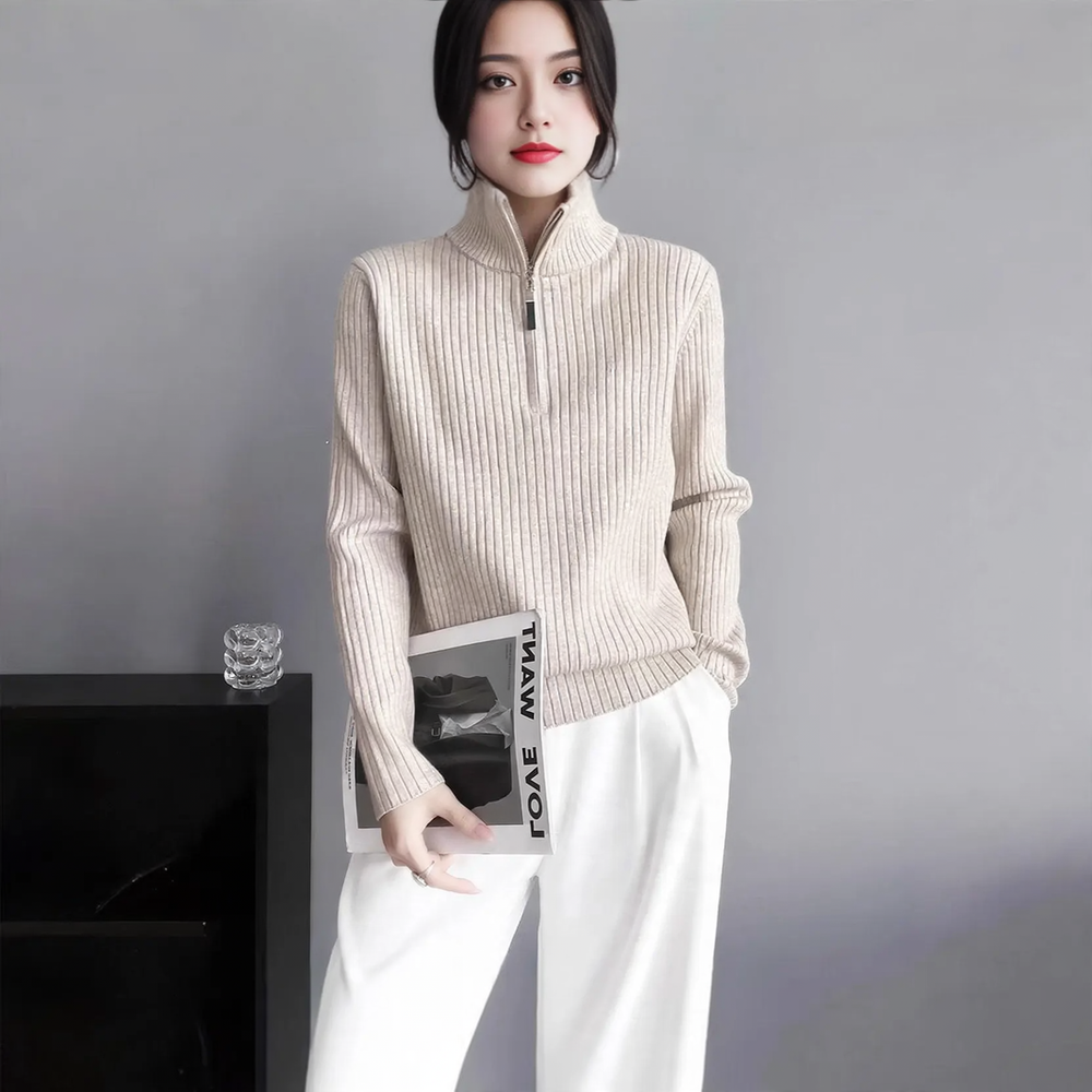 Damen-Strickpullover mit Reißverschluss und Fingerlöchern