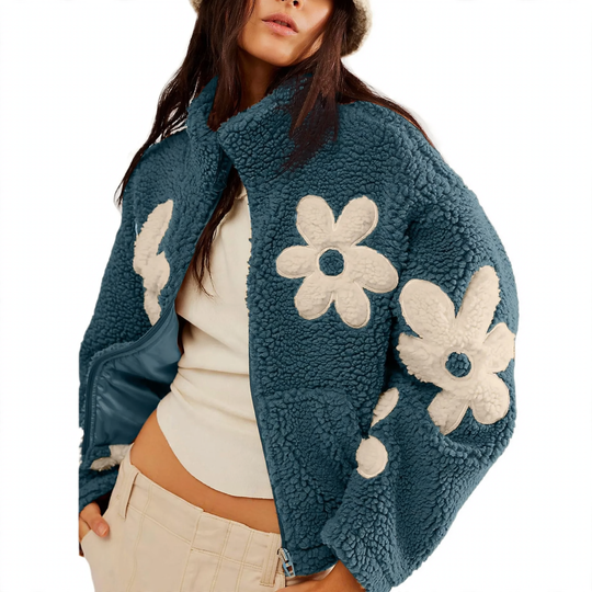 Lammfell-Imitat Strickjacke mit Blumenstickerei