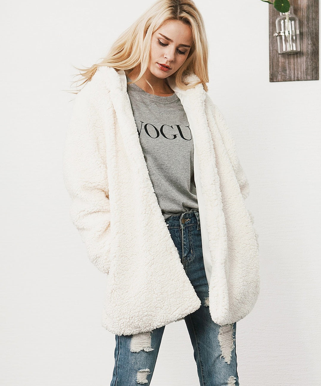 Langer Damen-Wintermantel mit Kapuze in Teddy-Optik