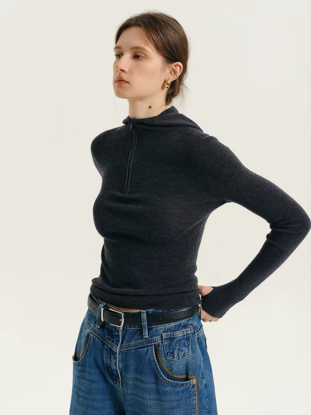 Damen-Strickpullover mit Kapuze und Reißverschluss