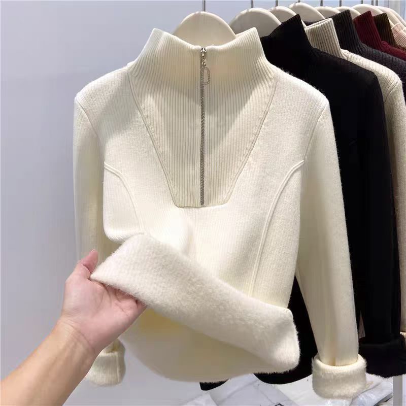 Damen-Strickpullover mit Stehkragen und Fleecefutter