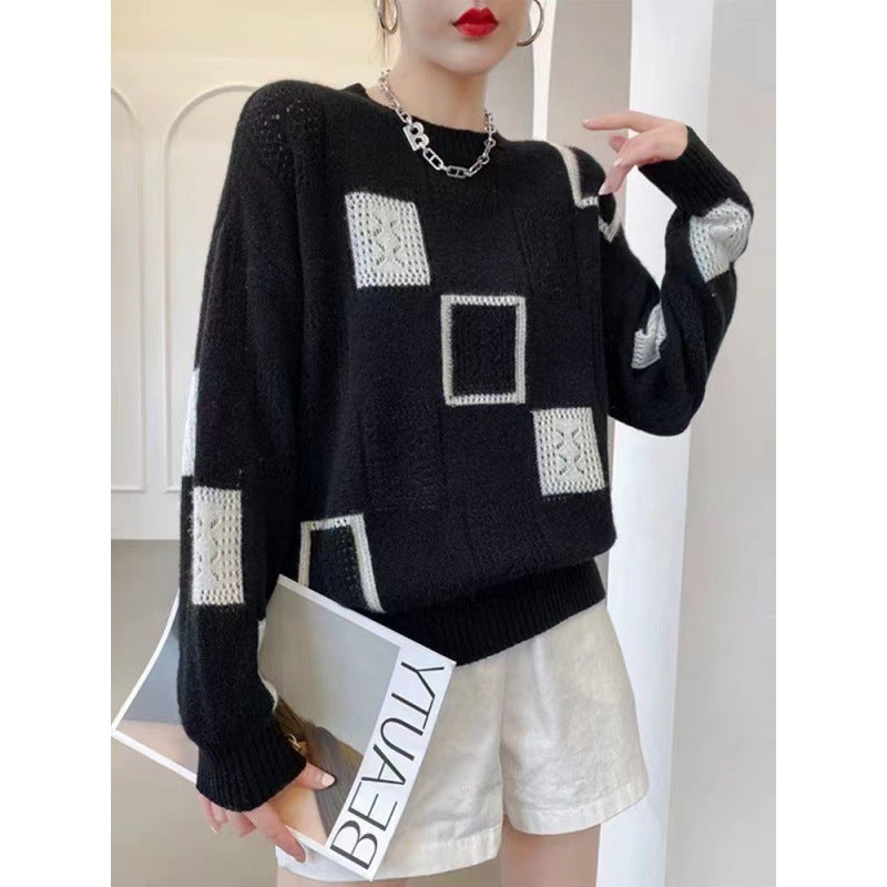 Damen-Strickpullover, kariert, Rundhalsausschnitt